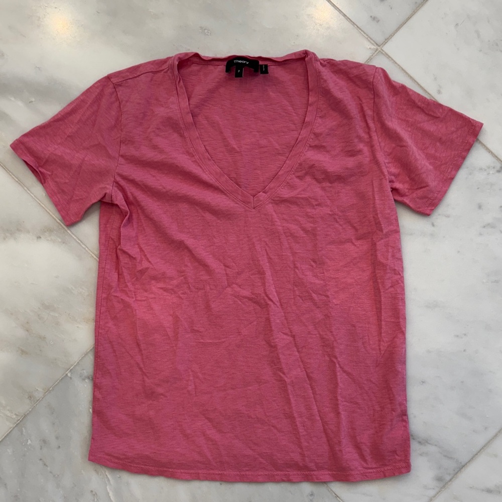 Theory Pink V-Neck Pima Cotton Short Sleeve Tee